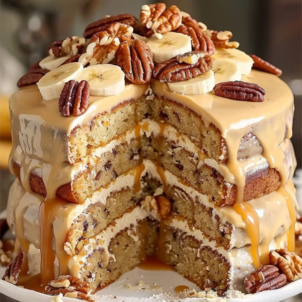 🍌🍰 Banana Pecan Caramel Cake 🍰🍌