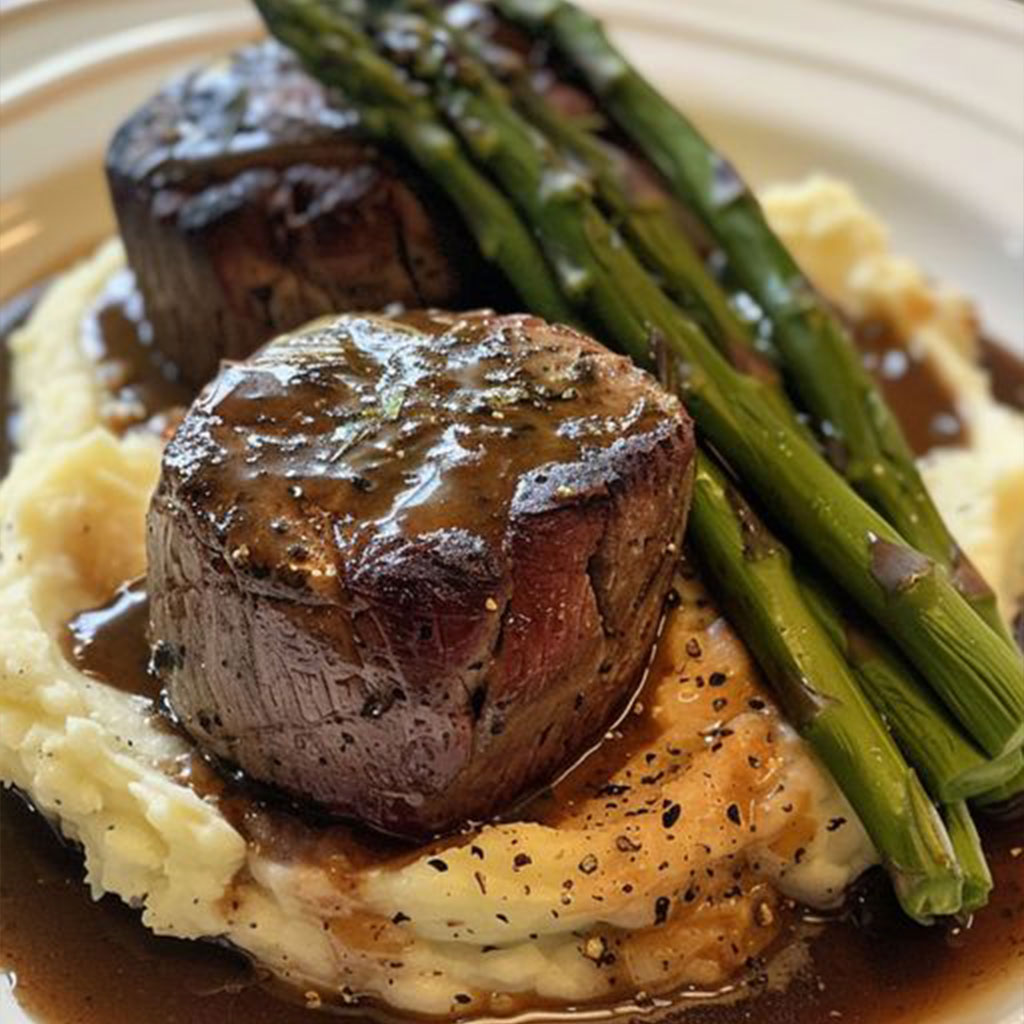 Filet Mignon with Garlic Mashed Potatoes and Asparagus