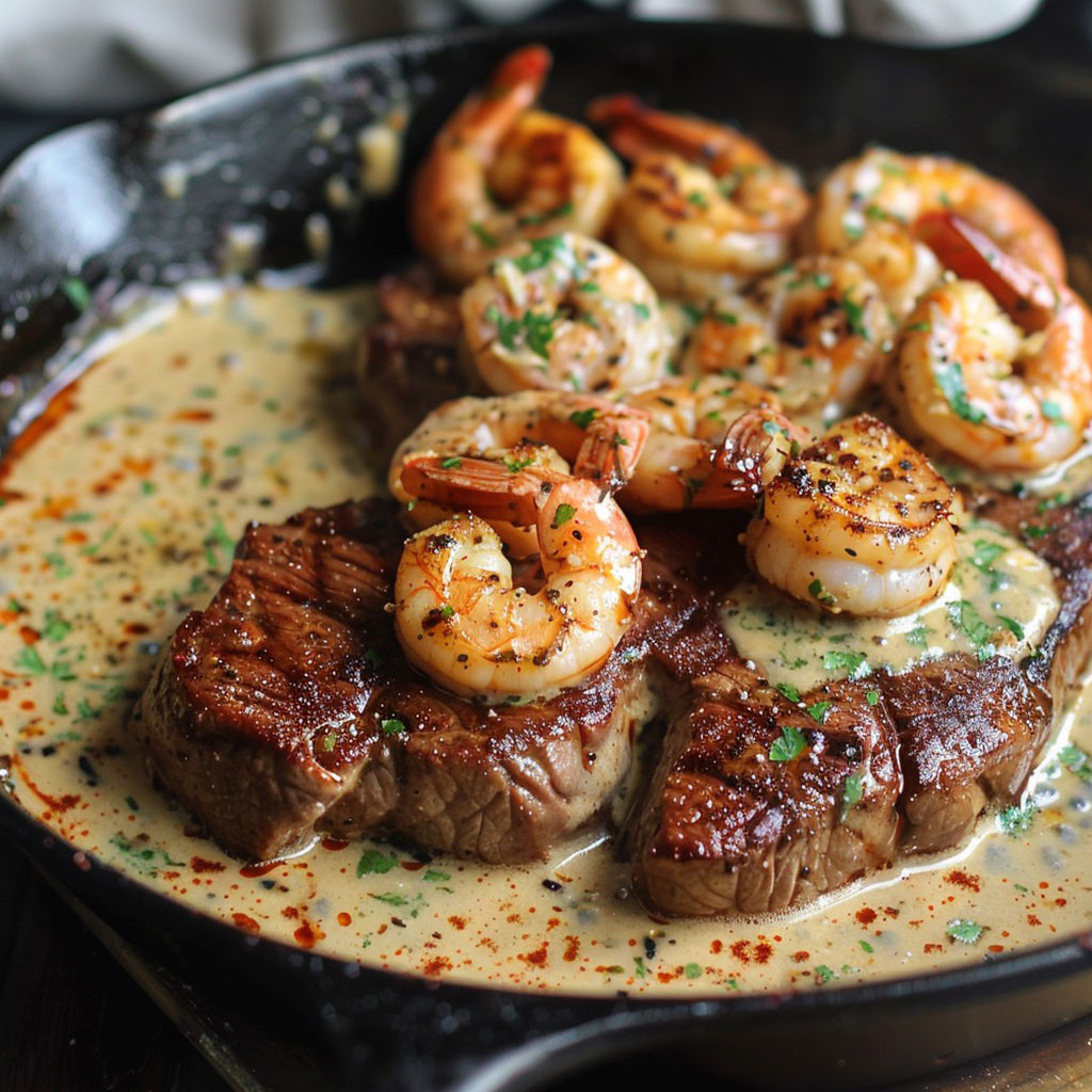 Steak in Creamy Cajun Shrimp Sauce (Surf and Turf)