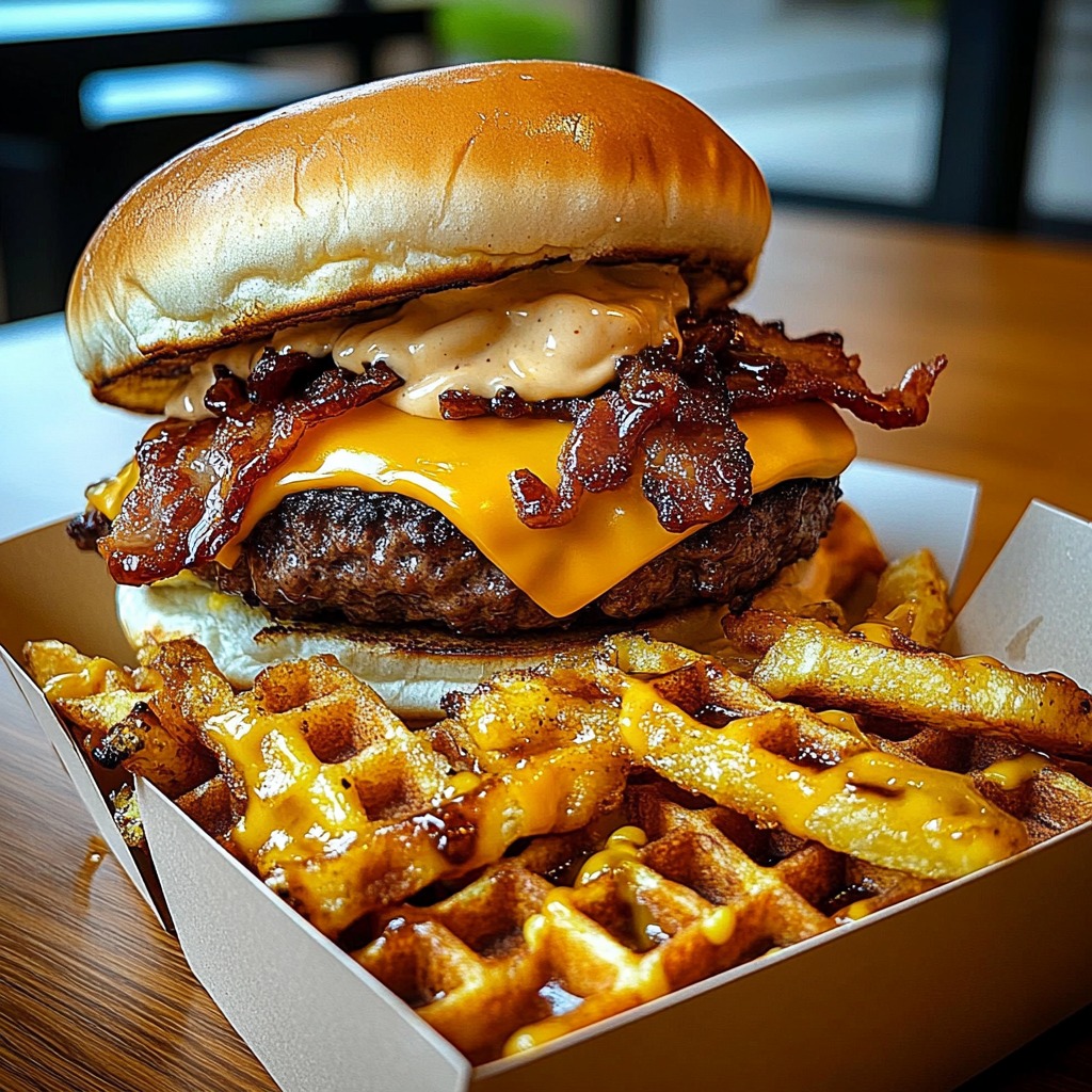 Double Cheeseburger with Bacon and Waffle Fries, Hamburger cheese fries, Bbq bacon cheeseburger fries, Hamburger and fries, Loaded fries recipe with ground beef, Burger sauce loaded fries, Bacon burger sauce